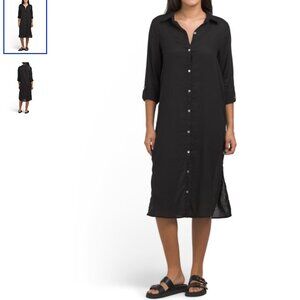 TAHARI  WOMEN SZ S BLACK BUTTON DOWN MIDI SHIRT/TUNIC LINEN BLEND NWT